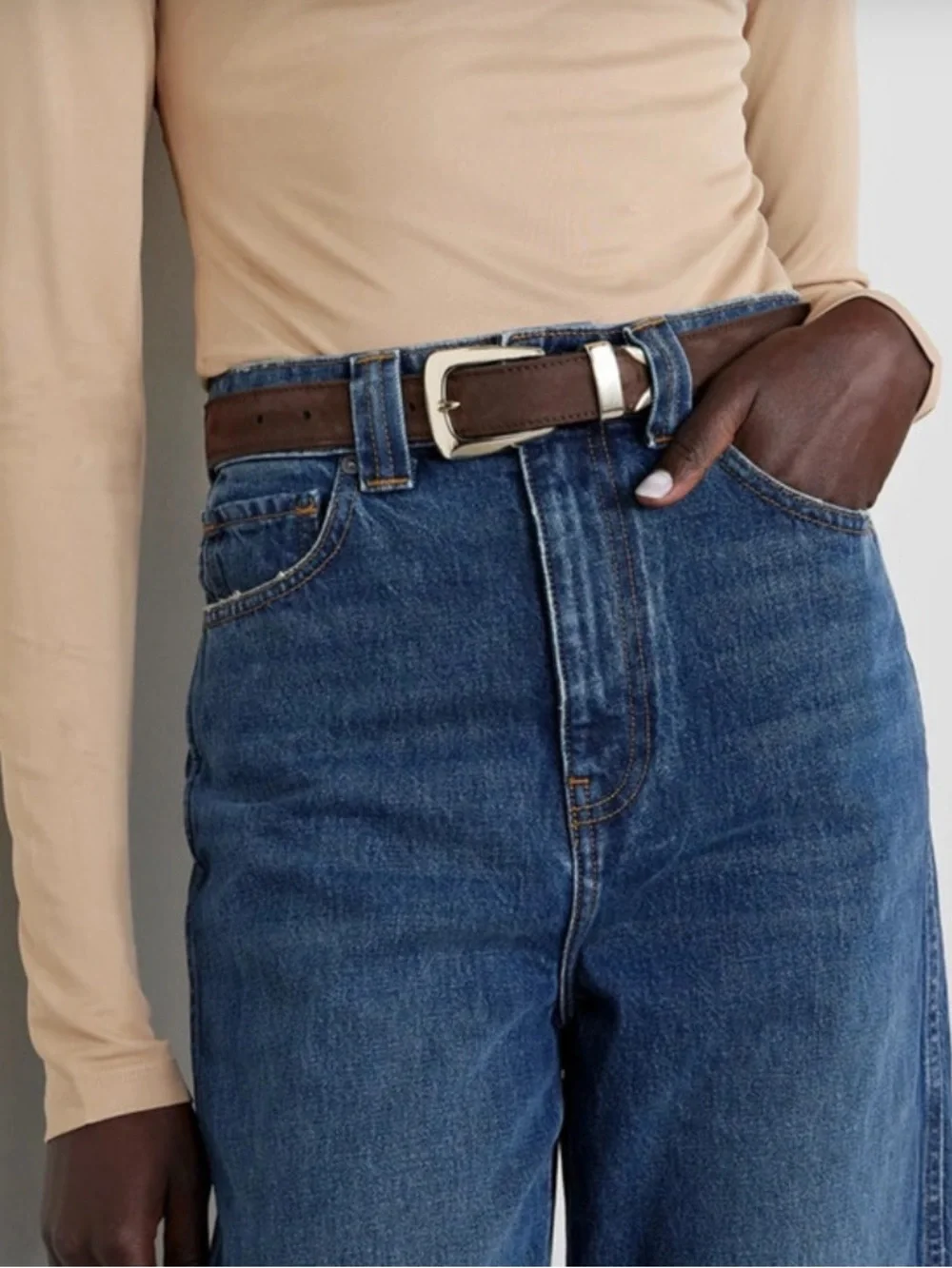KHAITE Suede Leather Women's Belt with Gold Buckle - Dark Brown